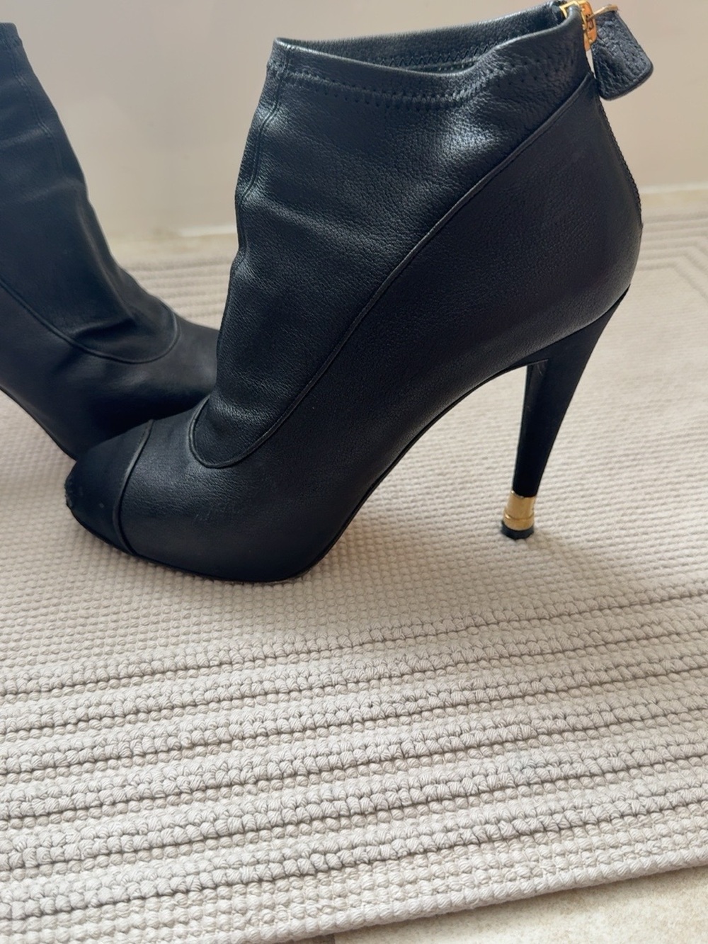 CHANEL Black Leather CC Zip Stiletto Ankle Booties Gold Hardware 39.5